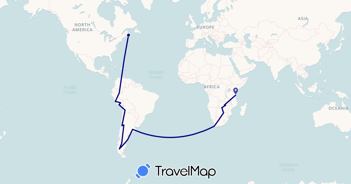 TravelMap itinerary: driving in Argentina, Bolivia, Botswana, Canada, Chile, Peru, Tanzania, South Africa, Zambia, Zimbabwe (Africa, North America, South America)